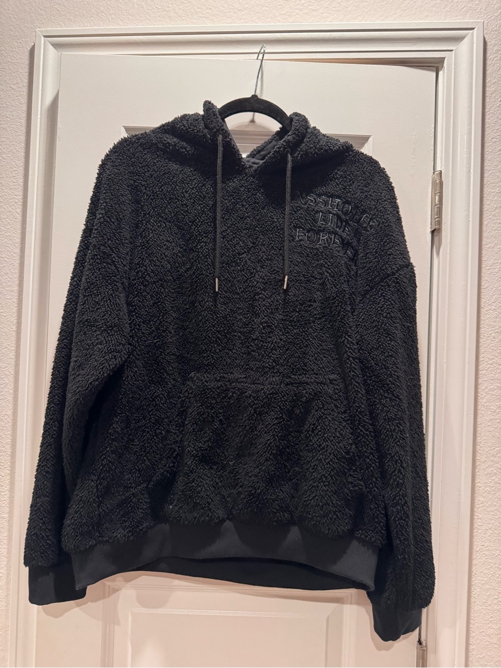 Black Sherpa Hoodie with Embroidered Chest and Back